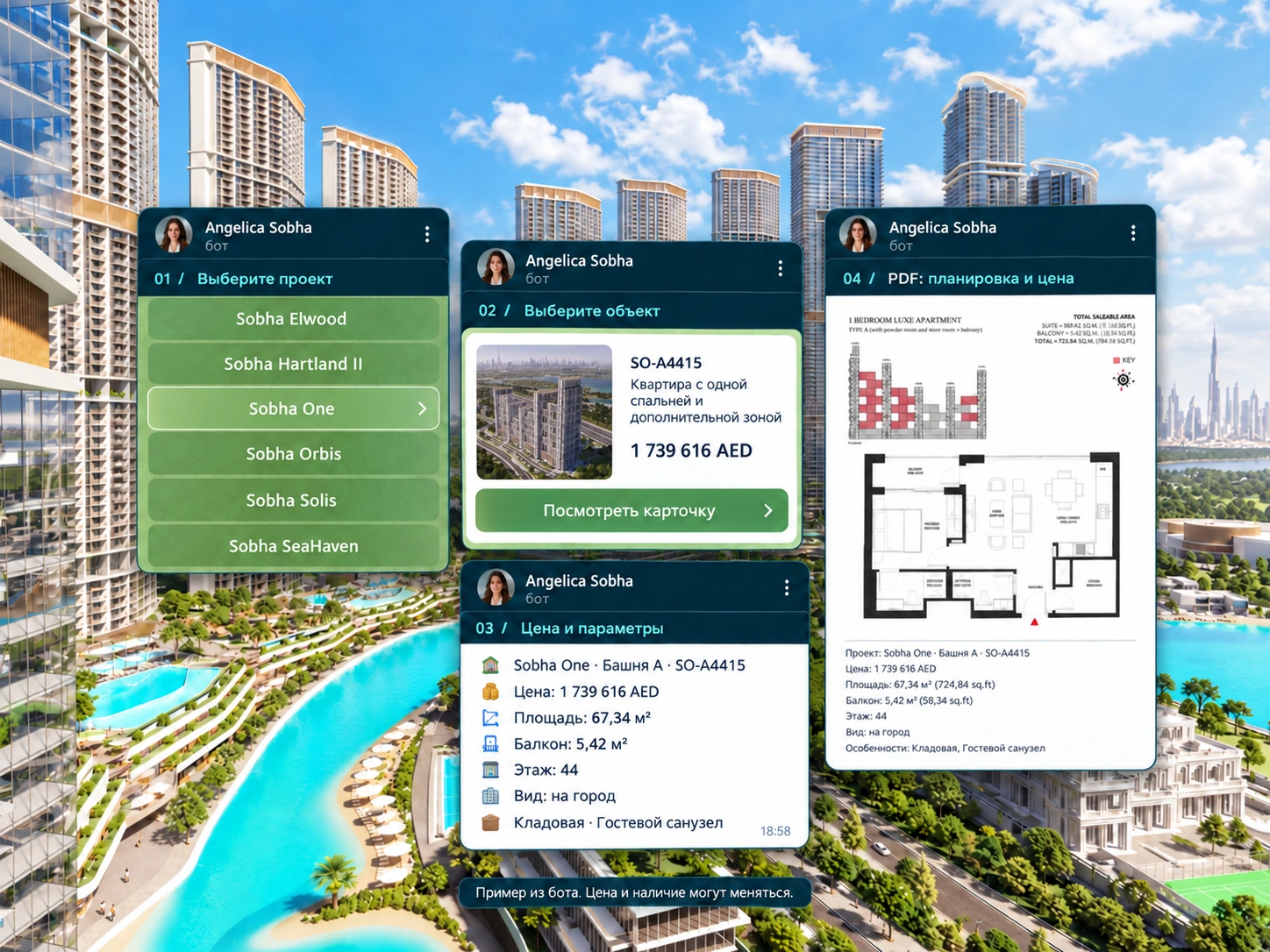 Дневная панорама Sobha Hartland II и четыре карточки Telegram: выбор проекта, выбор объекта, цена и параметры, PDF с планировкой. В примере выбран Sobha One, миниатюра и квартира SO-A4415 относятся к этому проекту. Вверху сообщений показана Анжелика.